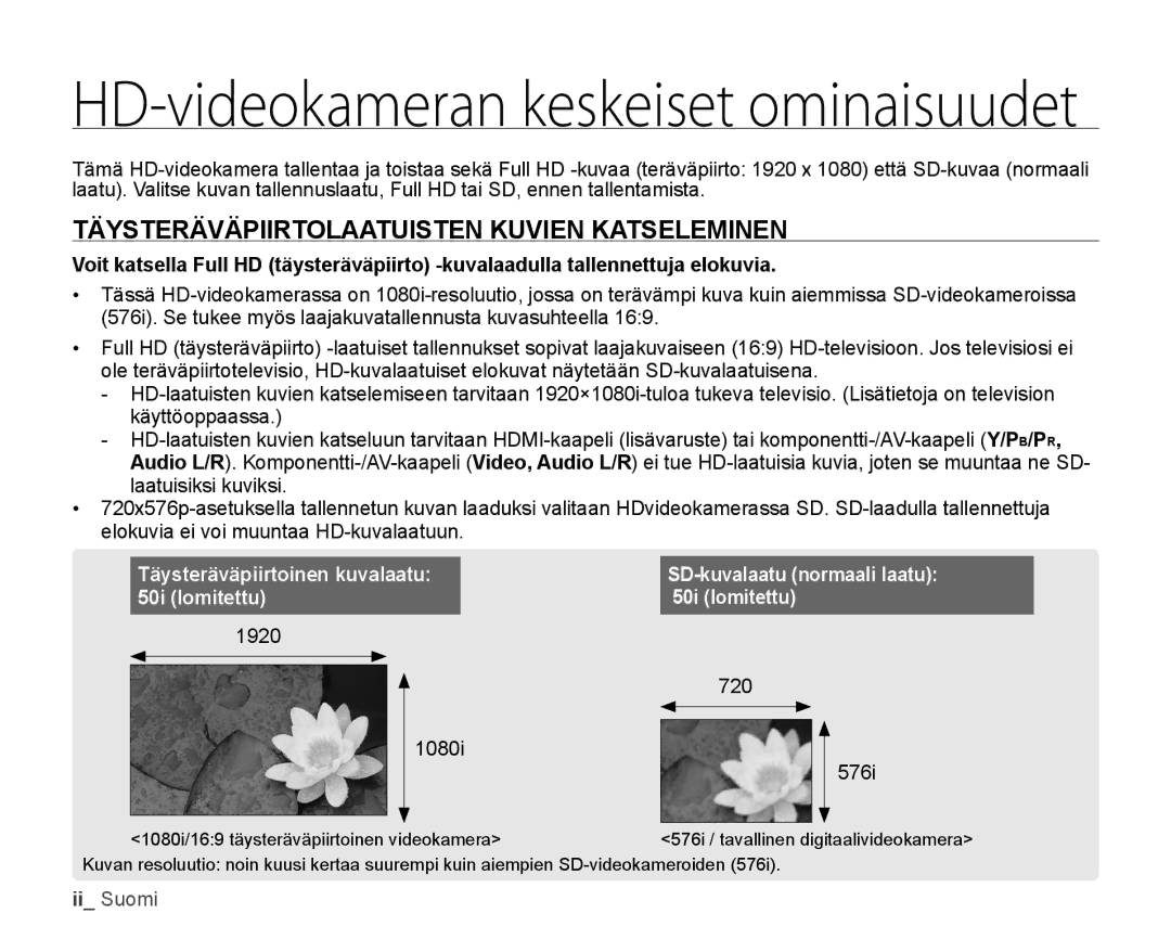 Samsung HMX-H100P/EDC manual HD-videokameran keskeiset ominaisuudet, Täysteräväpiirtolaatuisten Kuvien Katseleminen 