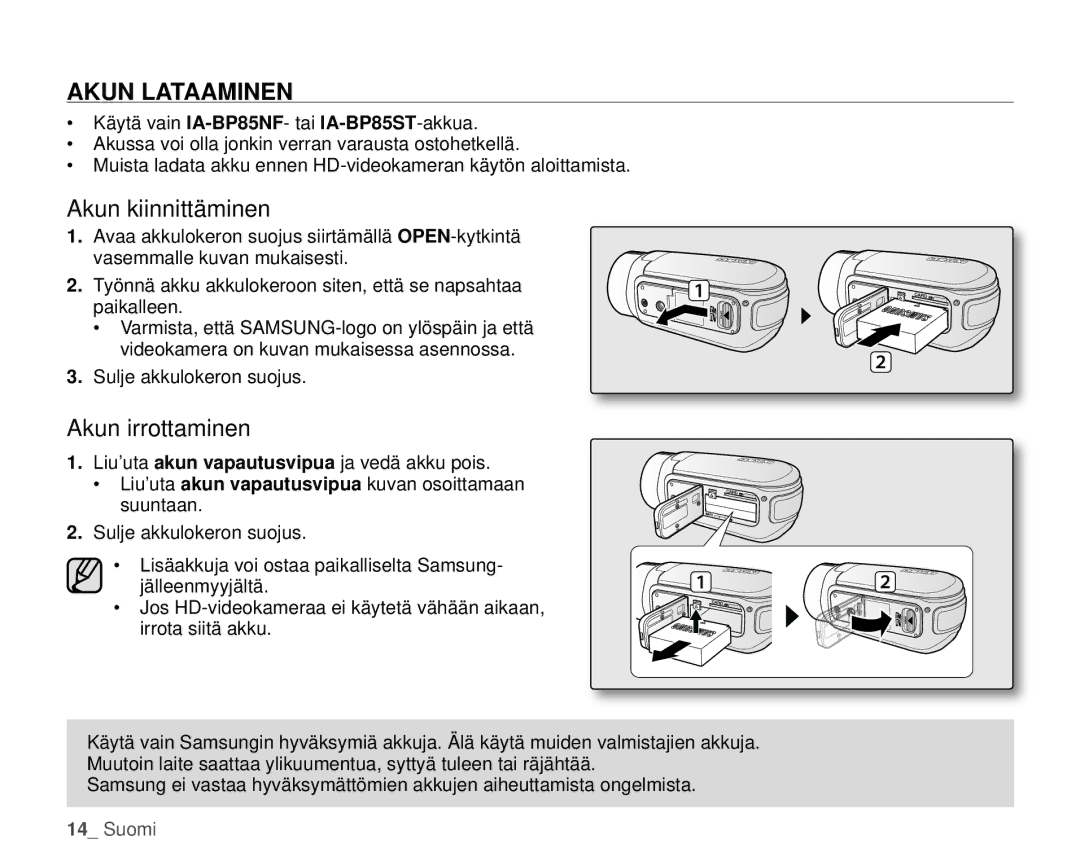 Samsung HMX-H1000P/EDC, HMX-H105BP/EDC, HMX-H106SP/EDC manual Akun Lataaminen, Akun kiinnittäminen, Akun irrottaminen 