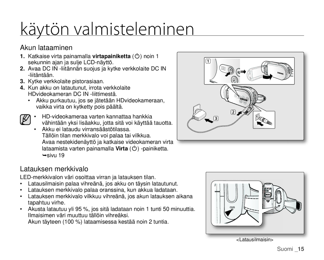 Samsung HMX-H105BP/EDC, HMX-H106SP/EDC, HMX-H100P/EDC, HMX-H104BP/EDC, HMX-H1000P/EDC Akun lataaminen, Latauksen merkkivalo 