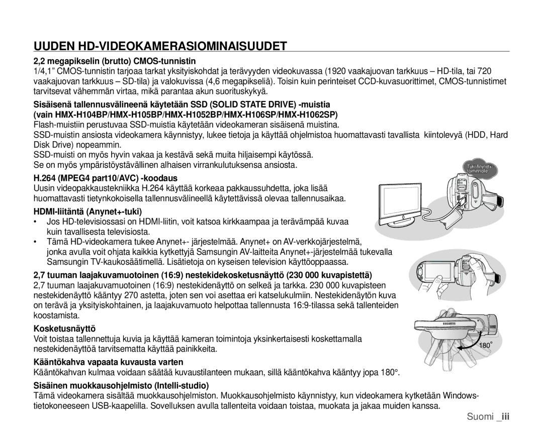 Samsung HMX-H104BP/EDC, HMX-H105BP/EDC, HMX-H106SP/EDC, HMX-H100P/EDC, HMX-H1000P/EDC manual Uuden HD-VIDEOKAMERASIOMINAISUUDET 