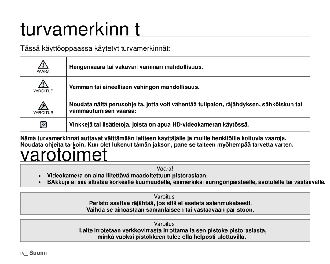 Samsung HMX-H1000P/EDC, HMX-H105BP/EDC, HMX-H106SP/EDC, HMX-H100P/EDC manual Turvamerkinnät, Varotoimet, Vaara, Varoitus 