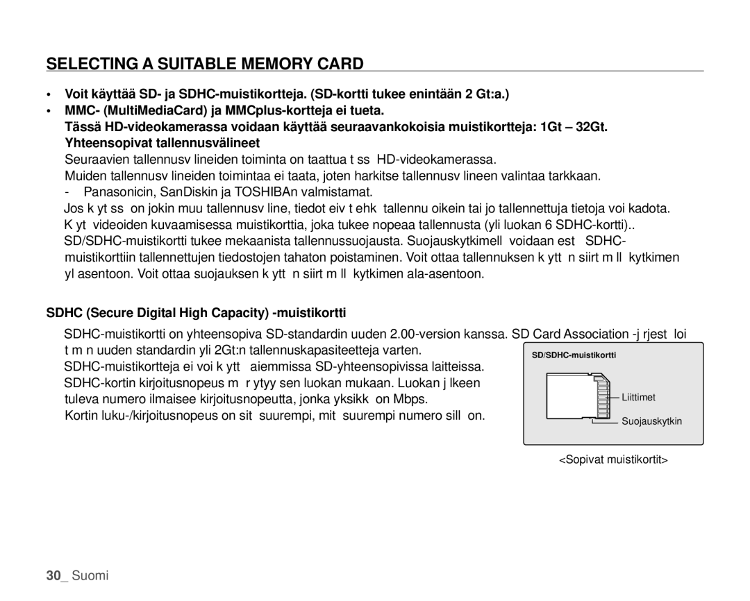 Samsung HMX-H105BP/EDC, HMX-H106SP/EDC Selecting a Suitable Memory Card, Sdhc Secure Digital High Capacity -muistikortti 