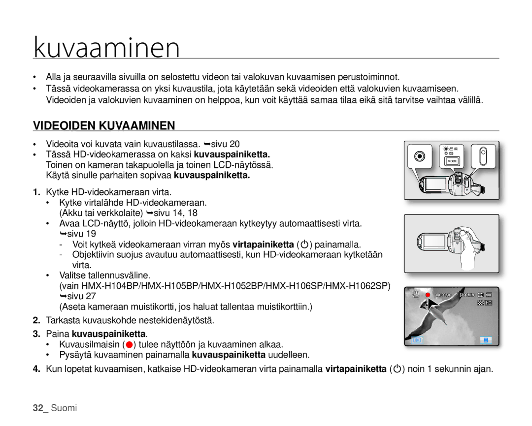 Samsung HMX-H100P/EDC, HMX-H105BP/EDC, HMX-H106SP/EDC, HMX-H104BP/EDC manual Videoiden Kuvaaminen, Paina kuvauspainiketta 