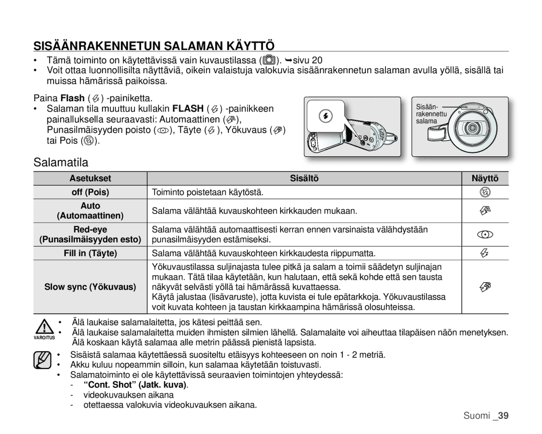 Samsung HMX-H1000P/EDC, HMX-H105BP/EDC, HMX-H106SP/EDC, HMX-H100P/EDC manual Sisäänrakennetun Salaman Käyttö, Salamatila 