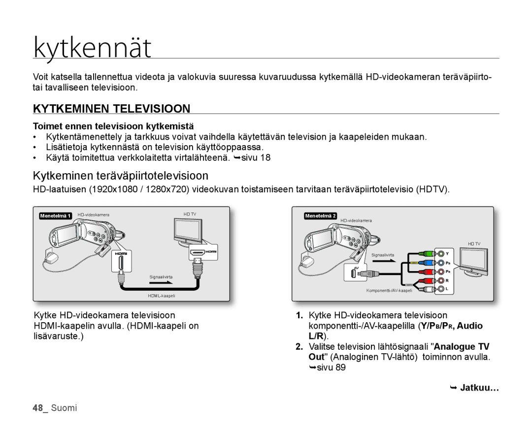 Samsung HMX-H104BP/EDC, HMX-H105BP/EDC Kytkennät, Kytkeminen Televisioon, Kytkeminen teräväpiirtotelevisioon,  Jatkuu… 