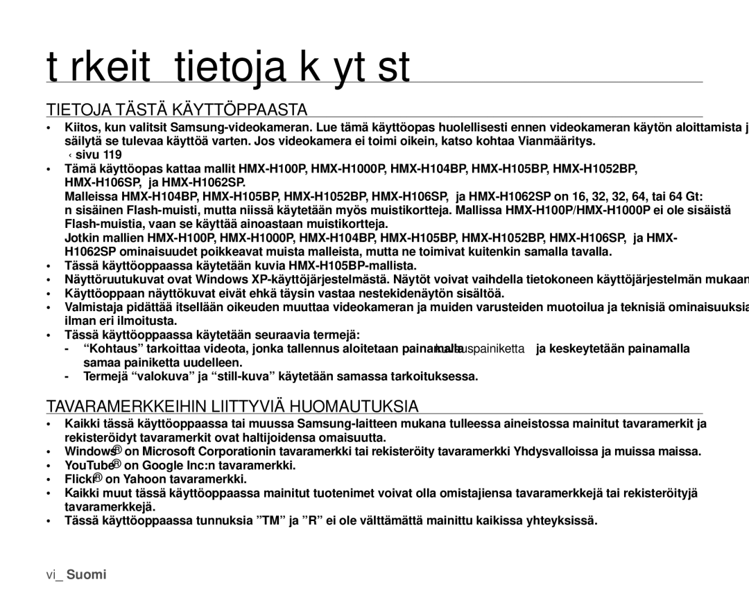 Samsung HMX-H106SP/EDC, HMX-H105BP/EDC, HMX-H100P/EDC Tietoja Tästä Käyttöoppaasta, Tavaramerkkeihin Liittyviä Huomautuksia 