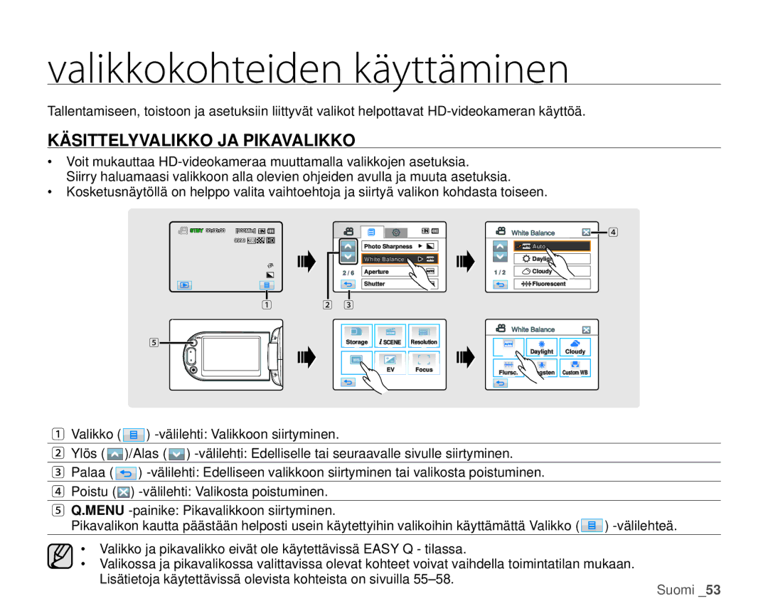 Samsung HMX-H104BP/EDC, HMX-H105BP/EDC, HMX-H106SP/EDC manual Valikkokohteiden käyttäminen, Käsittelyvalikko JA Pikavalikko 