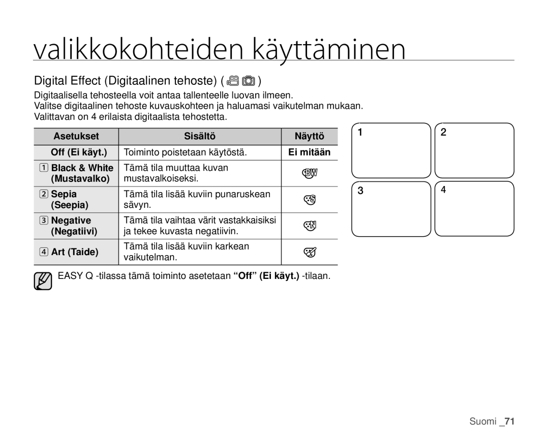 Samsung HMX-H106SP/EDC, HMX-H105BP/EDC, HMX-H100P/EDC, HMX-H104BP/EDC, HMX-H1000P/EDC Digital Effect Digitaalinen tehoste 