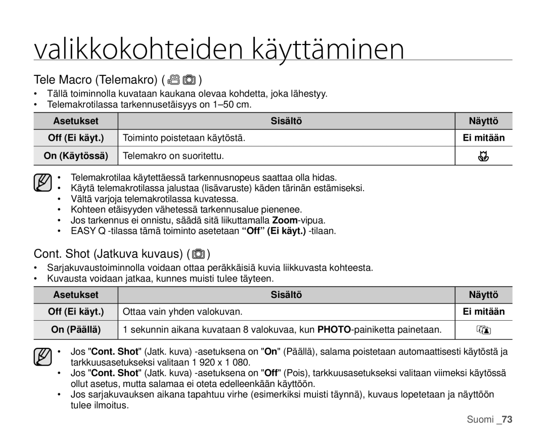 Samsung HMX-H104BP/EDC manual Tele Macro Telemakro, Cont. Shot Jatkuva kuvaus, Telemakro on suoritettu, Näyttö Ei mitään 