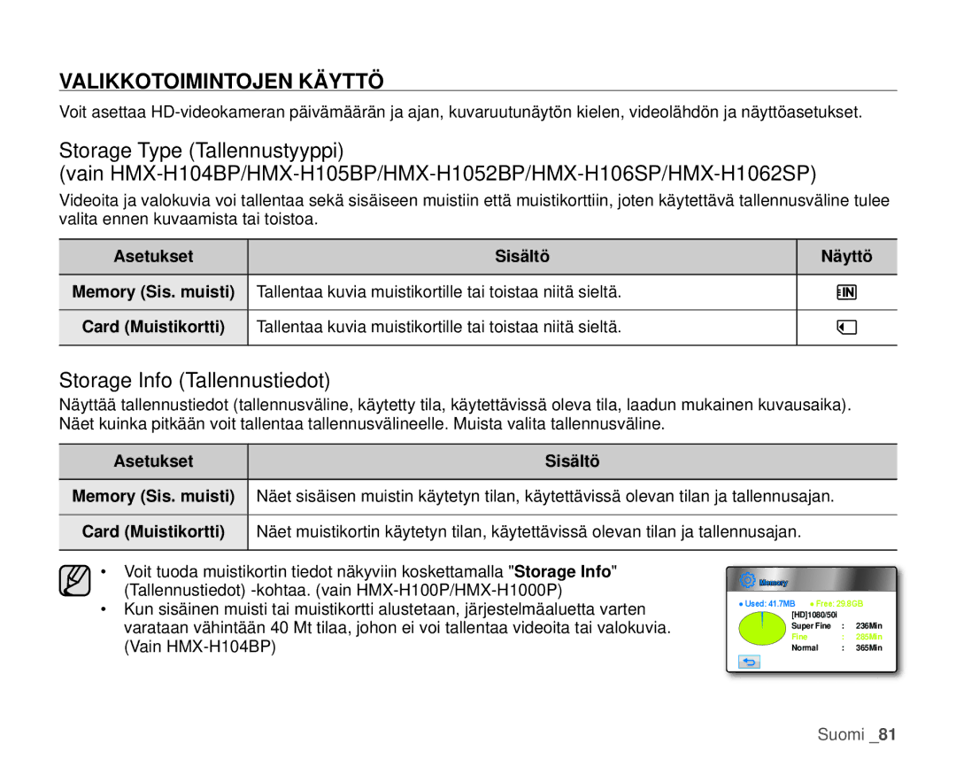 Samsung HMX-H106SP/EDC Valikkotoimintojen Käyttö, Storage Info Tallennustiedot, Memory Sis. muisti, Card Muistikortti 