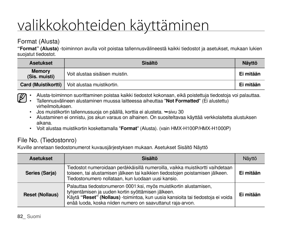 Samsung HMX-H100P/EDC, HMX-H105BP/EDC, HMX-H106SP/EDC Format Alusta, File No. Tiedostonro, Voit alustaa sisäisen muistin 