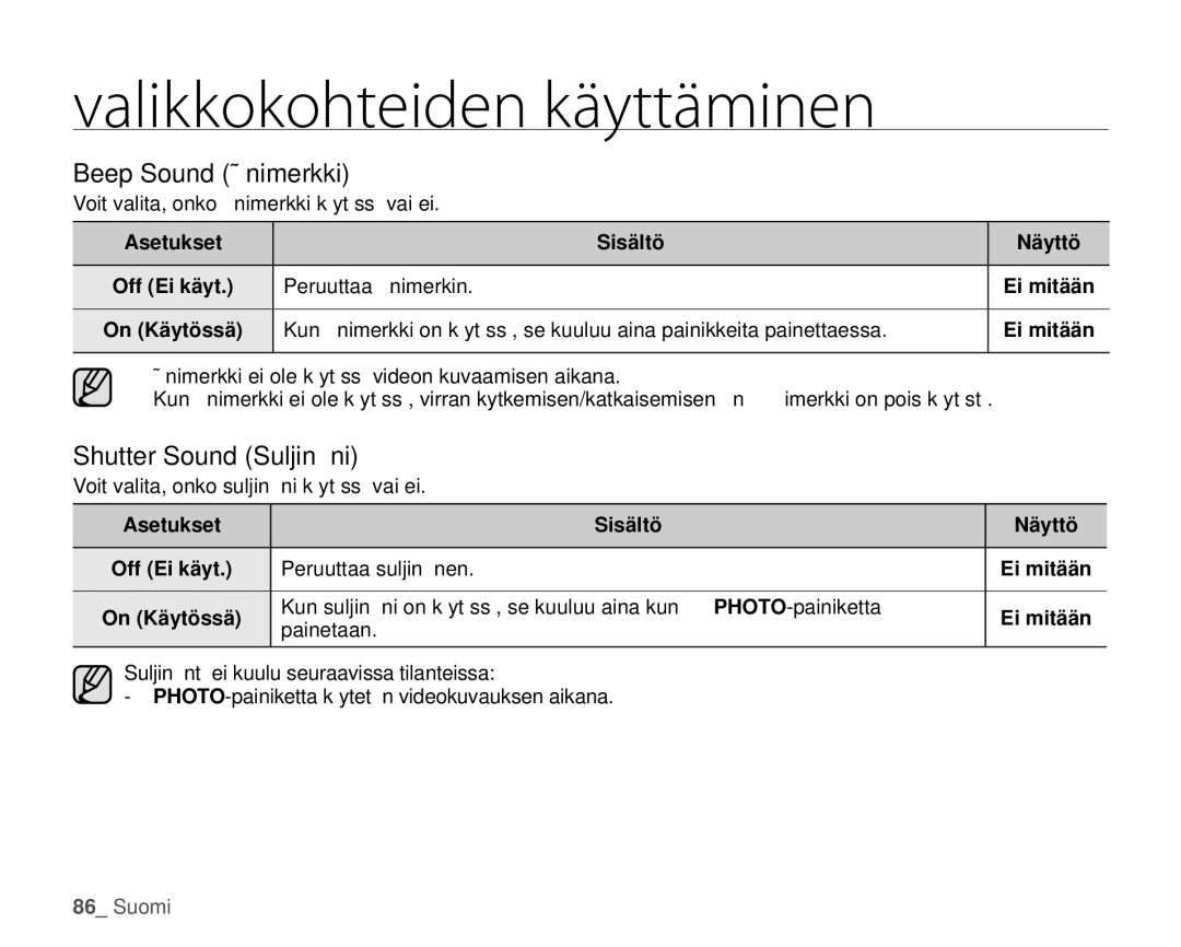 Samsung HMX-H106SP/EDC manual Beep Sound Äänimerkki, Shutter Sound Suljinääni, Peruuttaa äänimerkin, Peruuttaa suljinäänen 