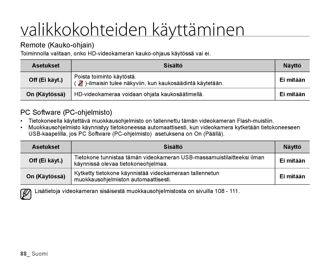 Samsung HMX-H104BP/EDC, HMX-H105BP/EDC, HMX-H106SP/EDC, HMX-H100P/EDC manual Remote Kauko-ohjain, PC Software PC-ohjelmisto 