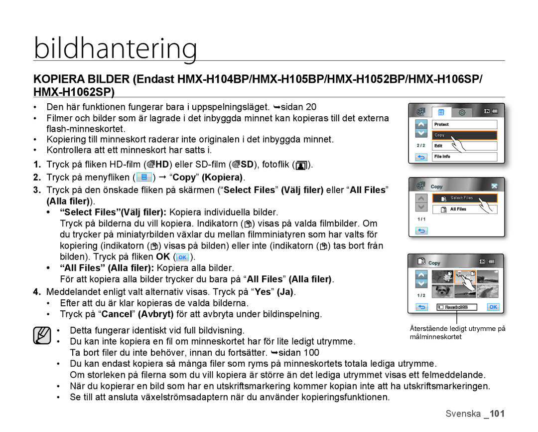 Samsung HMX-H106SP/EDC, HMX-H105BP/EDC, HMX-H100P/EDC, HMX-H104BP/EDC manual All Files Alla ﬁler Kopiera alla bilder 