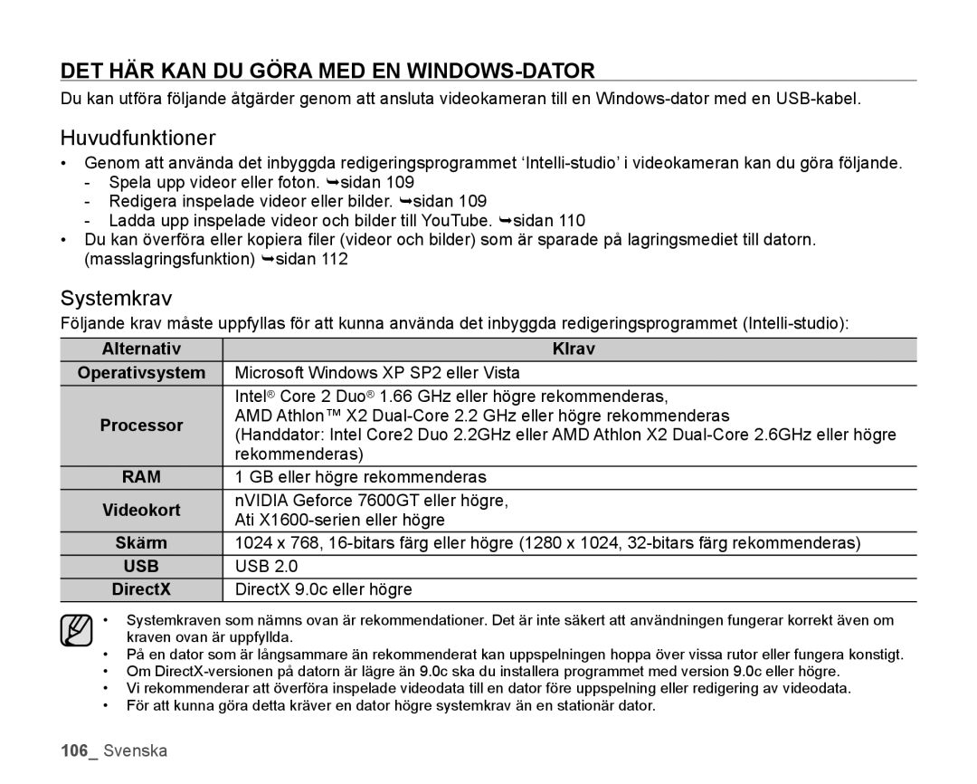 Samsung HMX-H106SP/EDC, HMX-H105BP/EDC manual DET HÄR KAN DU Göra MED EN WINDOWS-DATOR, Huvudfunktioner, Systemkrav, KIrav 