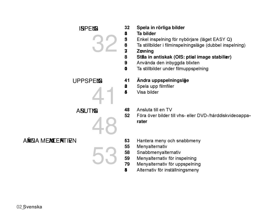 Samsung HMX-H100P/EDC, HMX-H105BP/EDC, HMX-H106SP/EDC manual Inspelning Uppspelning Anslutning Använda Menyalternativen 