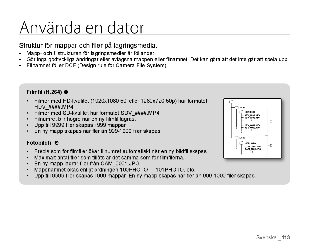 Samsung HMX-H104BP/EDC, HMX-H105BP/EDC manual Struktur för mappar och ﬁ ler på lagringsmedia, Filmﬁl H.264 , Fotobildﬁl  