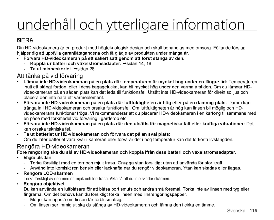 Samsung HMX-H105BP/EDC manual Underhåll och ytterligare information, Att tänka på vid förvaring, Rengöra HD-videokameran 