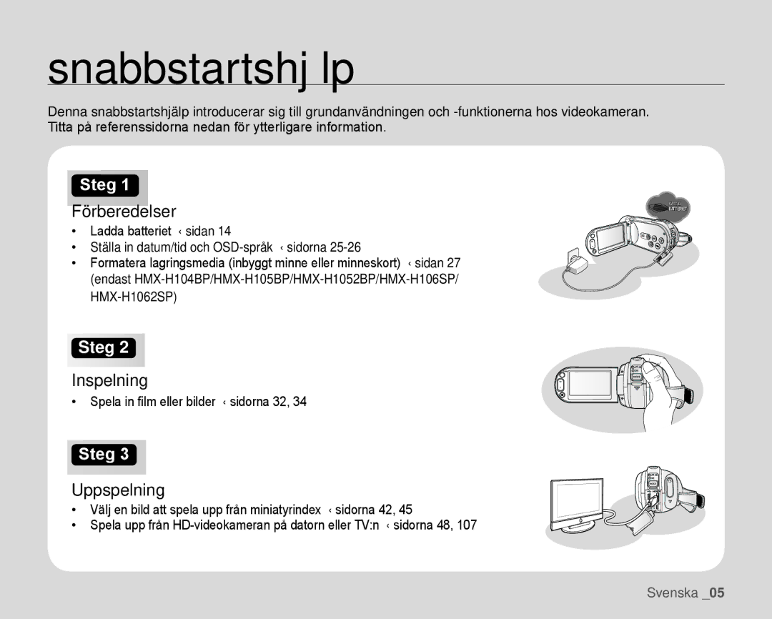 Samsung HMX-H105BP/EDC, HMX-H106SP/EDC, HMX-H100P/EDC manual Snabbstartshjälp, Förberedelser, Inspelning, Uppspelning 