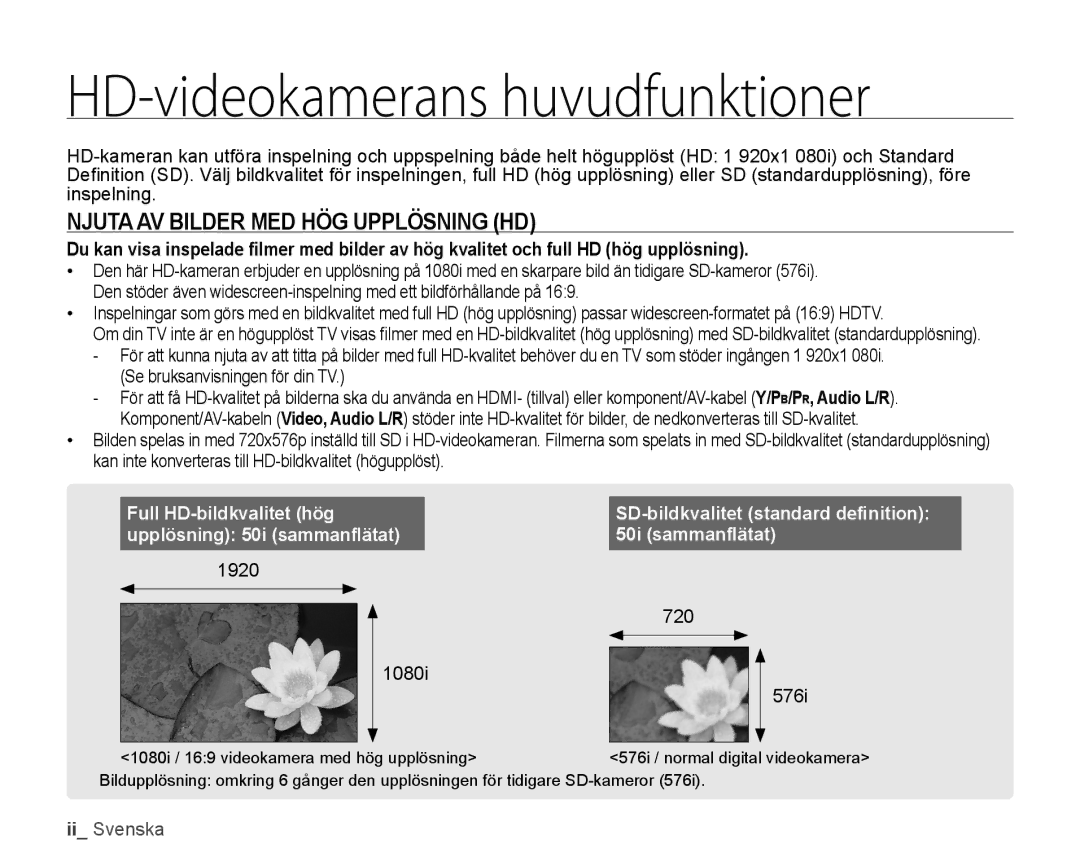 Samsung HMX-H100P/EDC, HMX-H105BP/EDC manual HD-videokamerans huvudfunktioner, Njuta AV Bilder MED HÖG Upplösning HD 