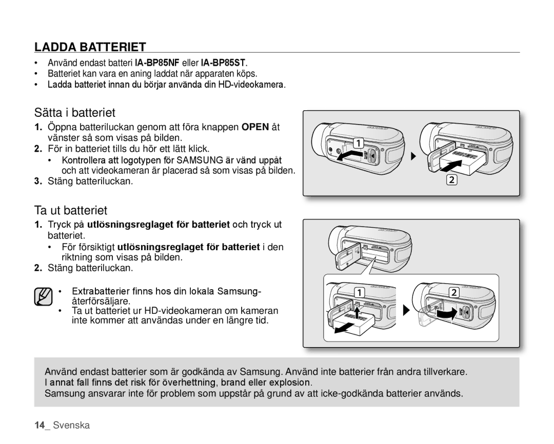 Samsung HMX-H1000P/EDC, HMX-H105BP/EDC, HMX-H106SP/EDC, HMX-H100P/EDC Ladda Batteriet, Sätta i batteriet, Ta ut batteriet 