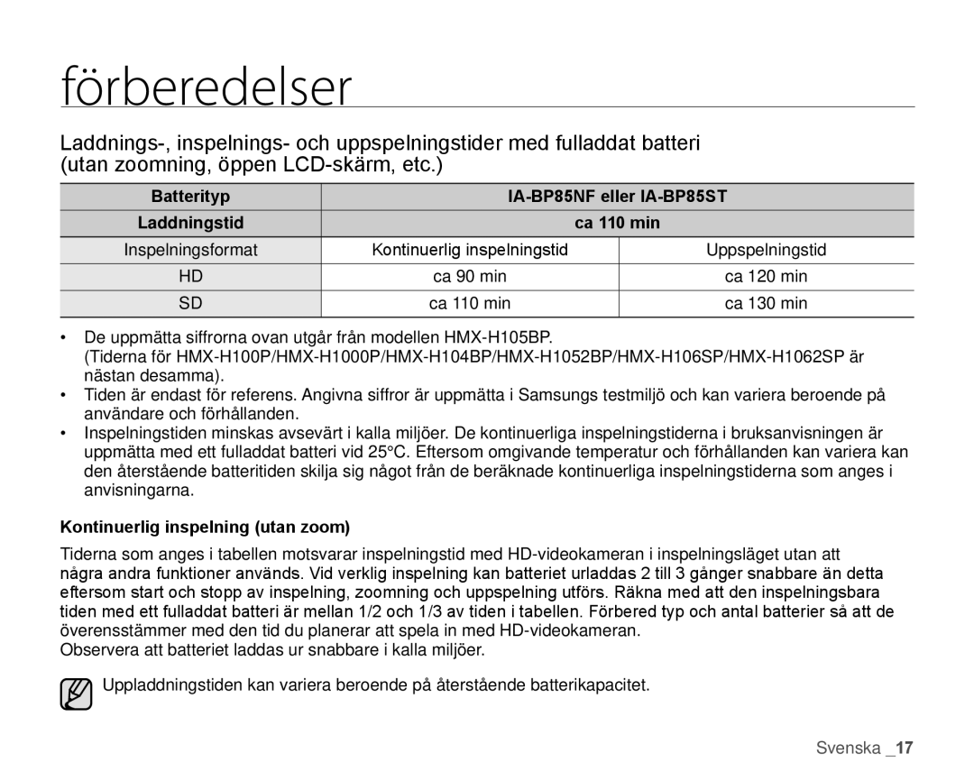 Samsung HMX-H100P/EDC, HMX-H105BP/EDC manual Batterityp IA-BP85NF eller IA-BP85ST, Kontinuerlig inspelning utan zoom 