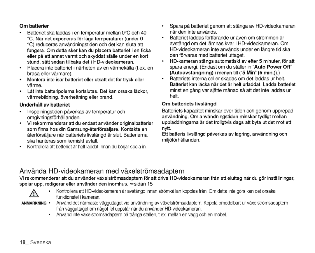 Samsung HMX-H104BP/EDC, HMX-H105BP/EDC, HMX-H106SP/EDC manual Använda HD-videokameran med växelströmsadaptern, Om batterier 