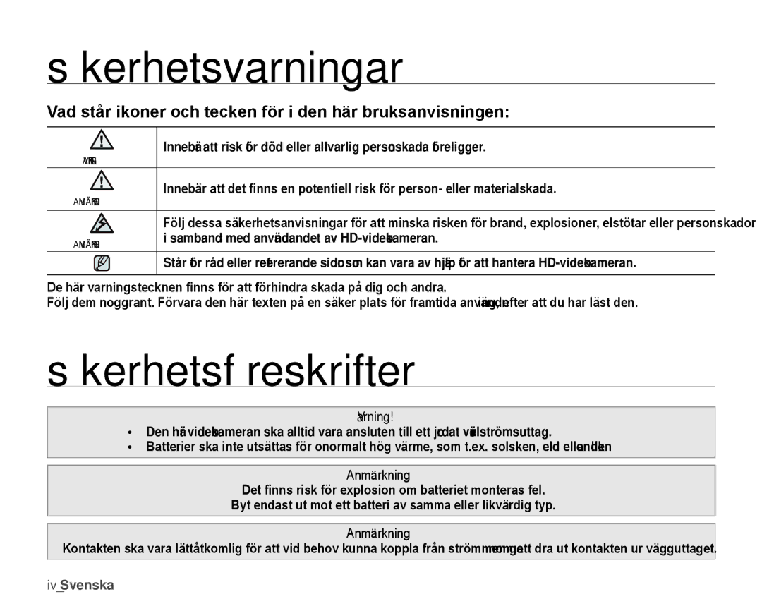 Samsung HMX-H1000P/EDC, HMX-H105BP/EDC, HMX-H106SP/EDC manual Säkerhetsvarningar, Säkerhetsföreskrifter, Varning, Anmärkning 