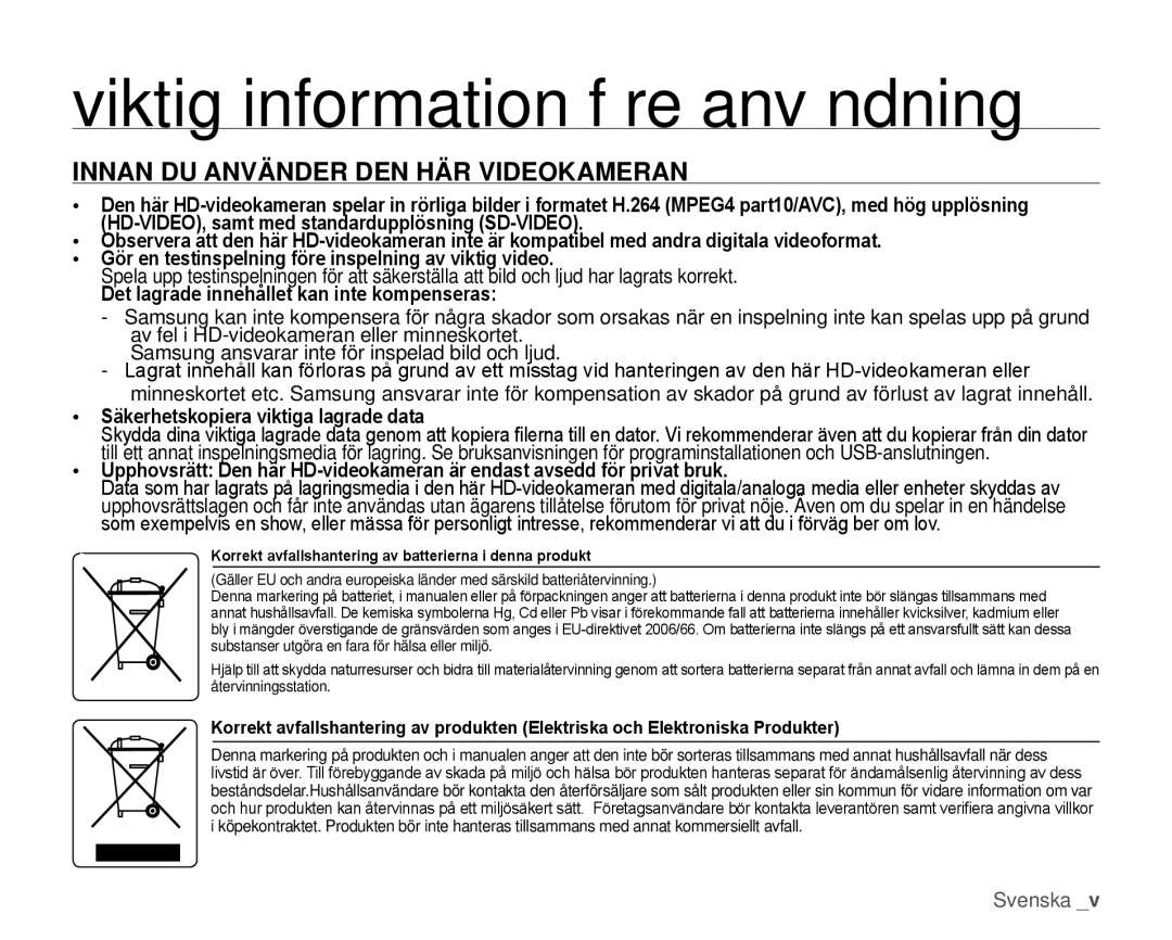 Samsung HMX-H105BP/EDC, HMX-H106SP/EDC manual Viktig information före användning, Innan DU Använder DEN HÄR Videokameran 