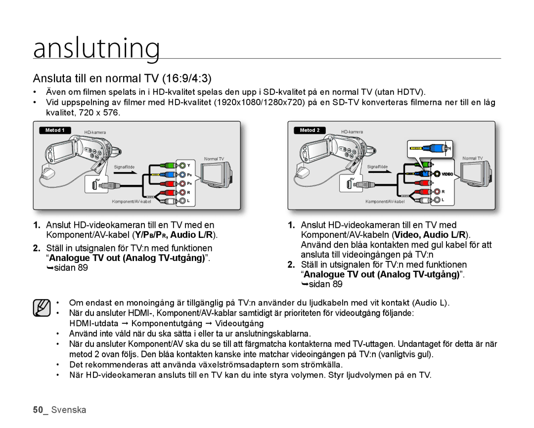 Samsung HMX-H105BP/EDC, HMX-H106SP/EDC, HMX-H100P/EDC, HMX-H104BP/EDC, HMX-H1000P/EDC manual Ansluta till en normal TV 169/43 