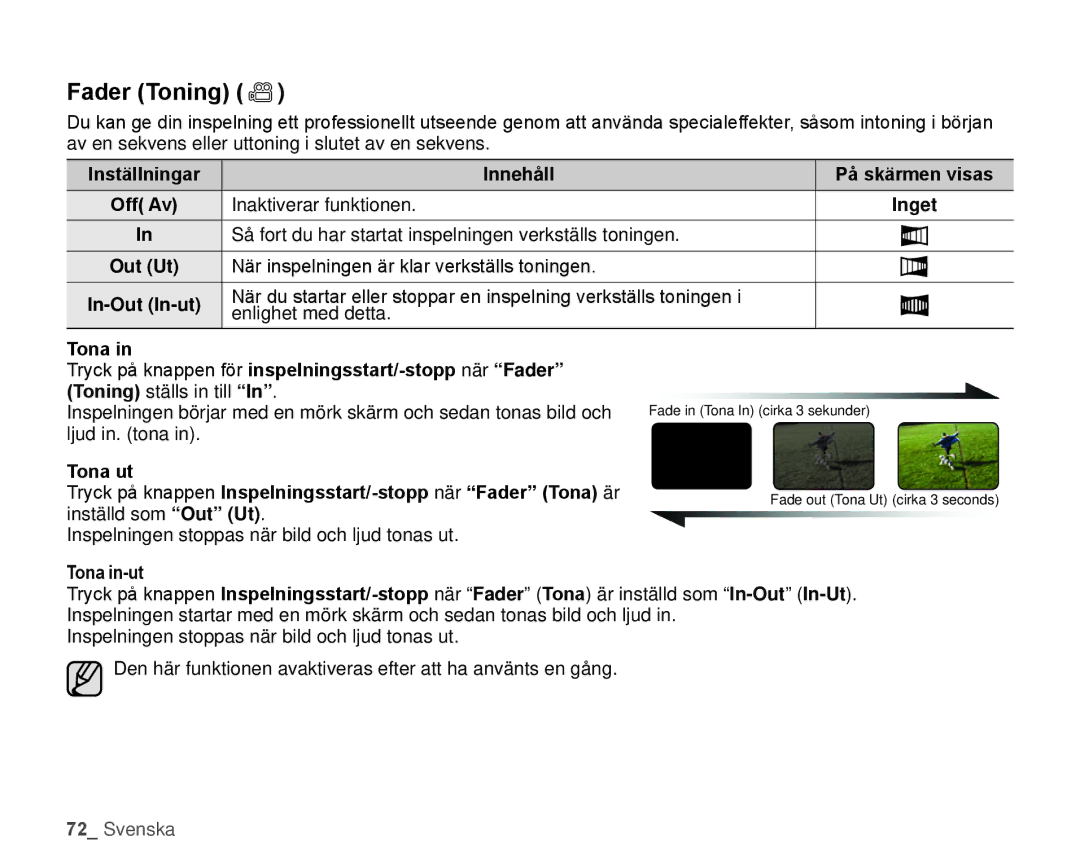 Samsung HMX-H100P/EDC Fader Toning, Inställningar Innehåll På skärmen visas, När inspelningen är klar verkställs toningen 