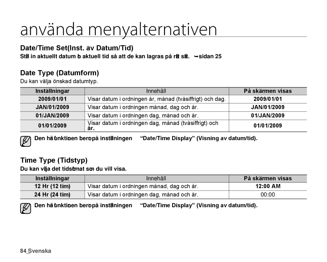 Samsung HMX-H1000P/EDC, HMX-H105BP/EDC manual Date/Time SetInst. av Datum/Tid, Date Type Datumform, Time Type Tidstyp 