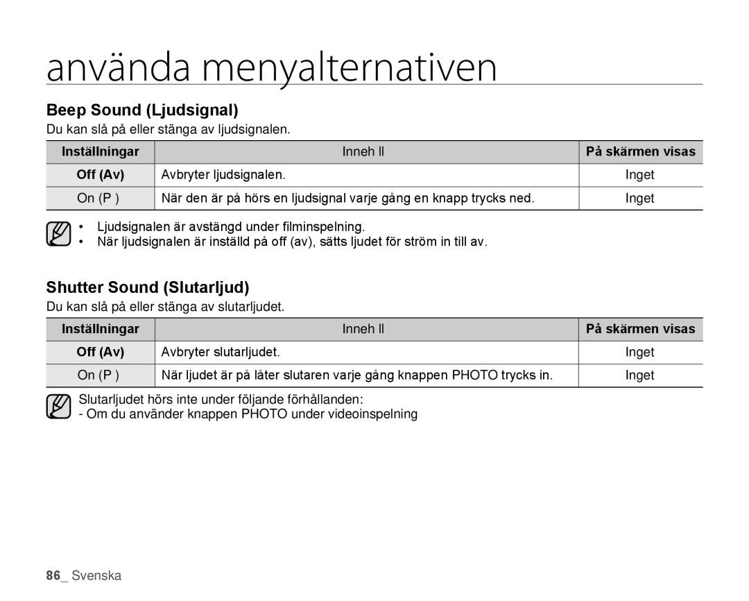 Samsung HMX-H106SP/EDC manual Beep Sound Ljudsignal, Shutter Sound Slutarljud, Avbryter ljudsignalen, Avbryter slutarljudet 