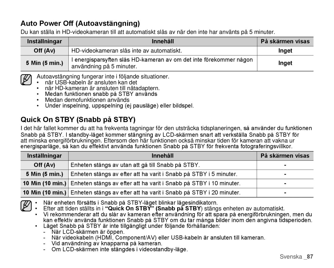 Samsung HMX-H100P/EDC, HMX-H105BP/EDC, HMX-H106SP/EDC manual Auto Power Off Autoavstängning, Quick On Stby Snabb på Stby 