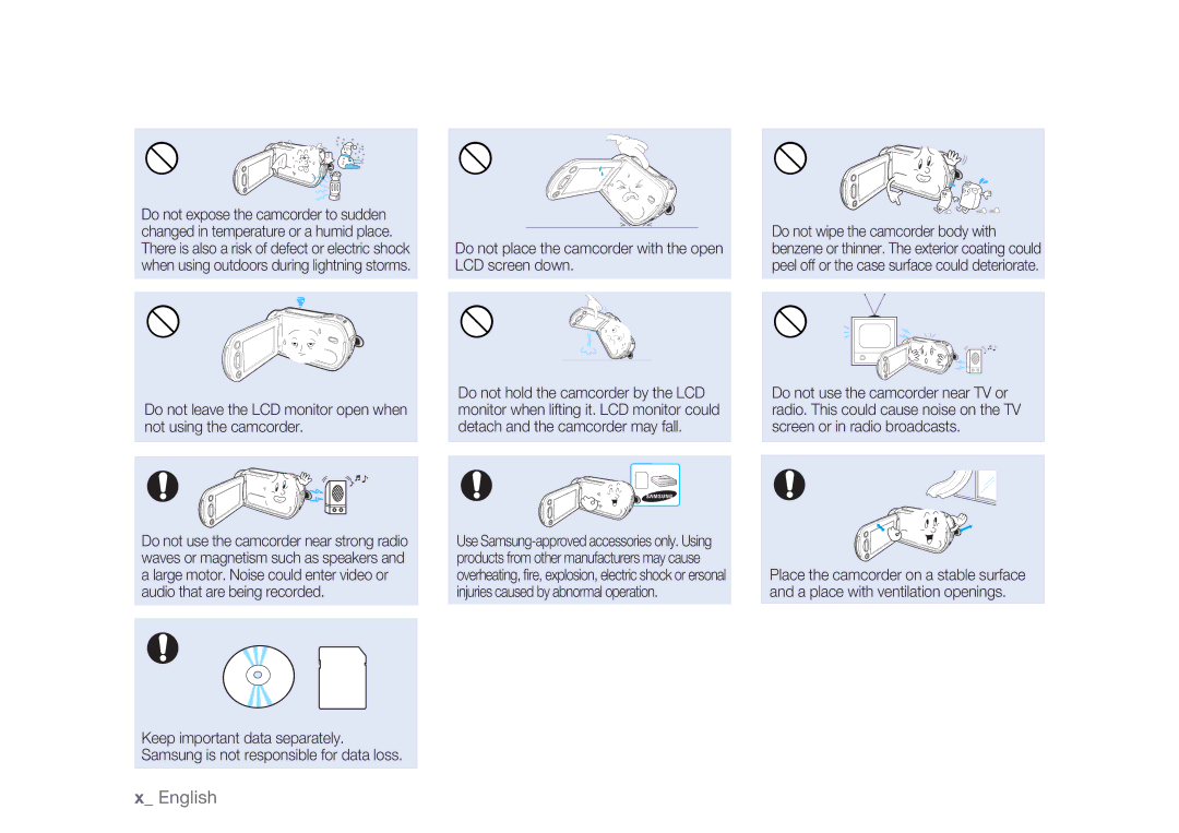 Samsung HMX-H105BP/AAW, HMX-H105BP/EDC, HMX-H106SP/EDC manual Do not place the camcorder with the open LCD screen down 