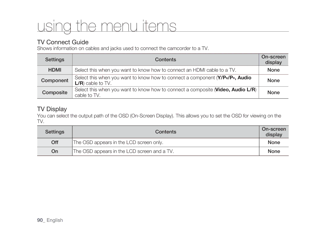 Samsung HMX-H100P/XER, HMX-H105BP/EDC, HMX-H106SP/EDC, HMX-H100P/EDC, HMX-H1052P/EDC manual TV Connect Guide, TV Display 