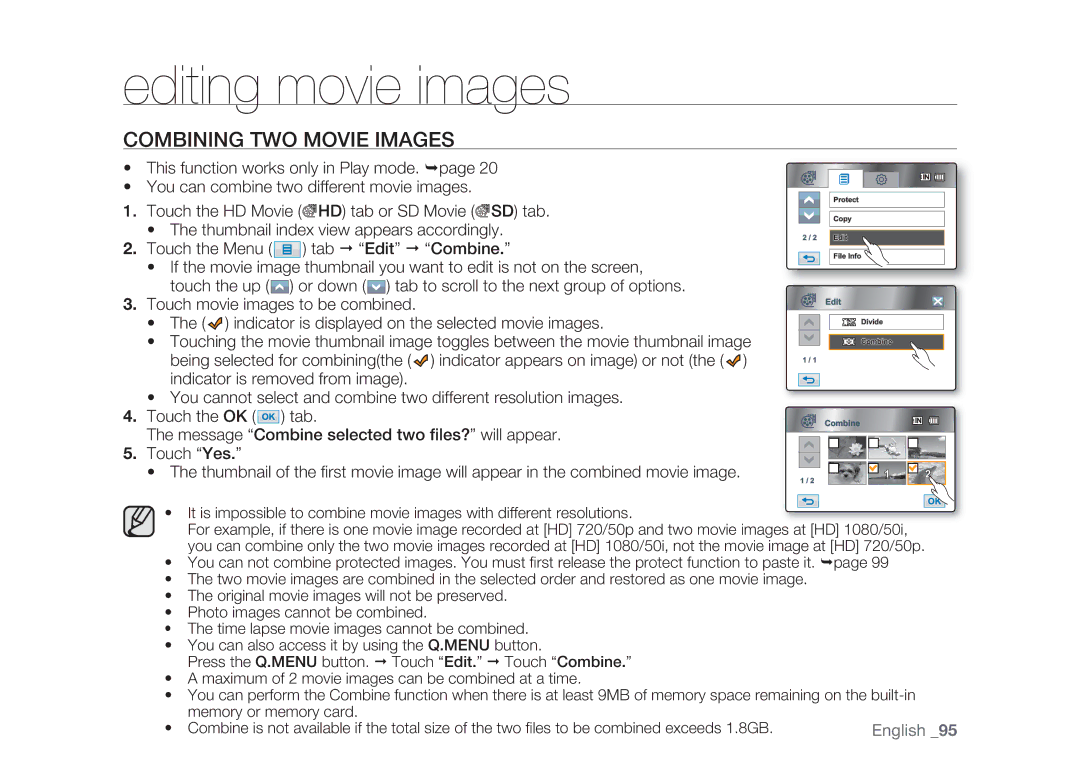 Samsung HMX-H104BP/XER, HMX-H105BP/EDC, HMX-H106SP/EDC, HMX-H100P/EDC, HMX-H1052P/EDC manual Combining TWO Movie Images 