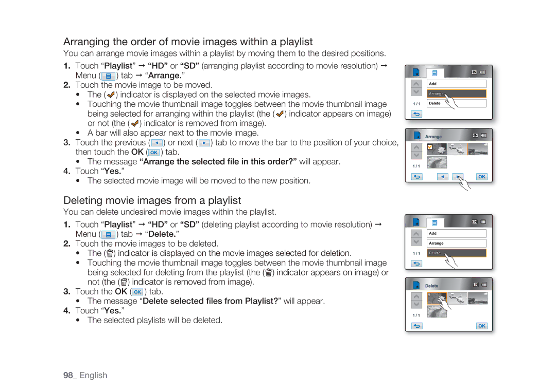 Samsung HMX-H105BP/EDC manual Arranging the order of movie images within a playlist, Deleting movie images from a playlist 