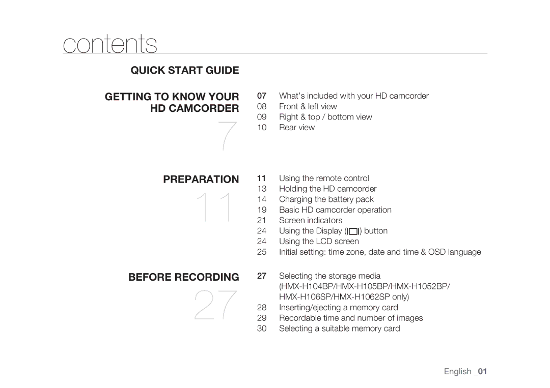 Samsung HMX-H105BP/MEA, HMX-H105BP/EDC, HMX-H106SP/EDC, HMX-H100P/EDC, HMX-H1052P/EDC, HMX-H104BP/EDC, HMX-H1000P/EDC Contents 