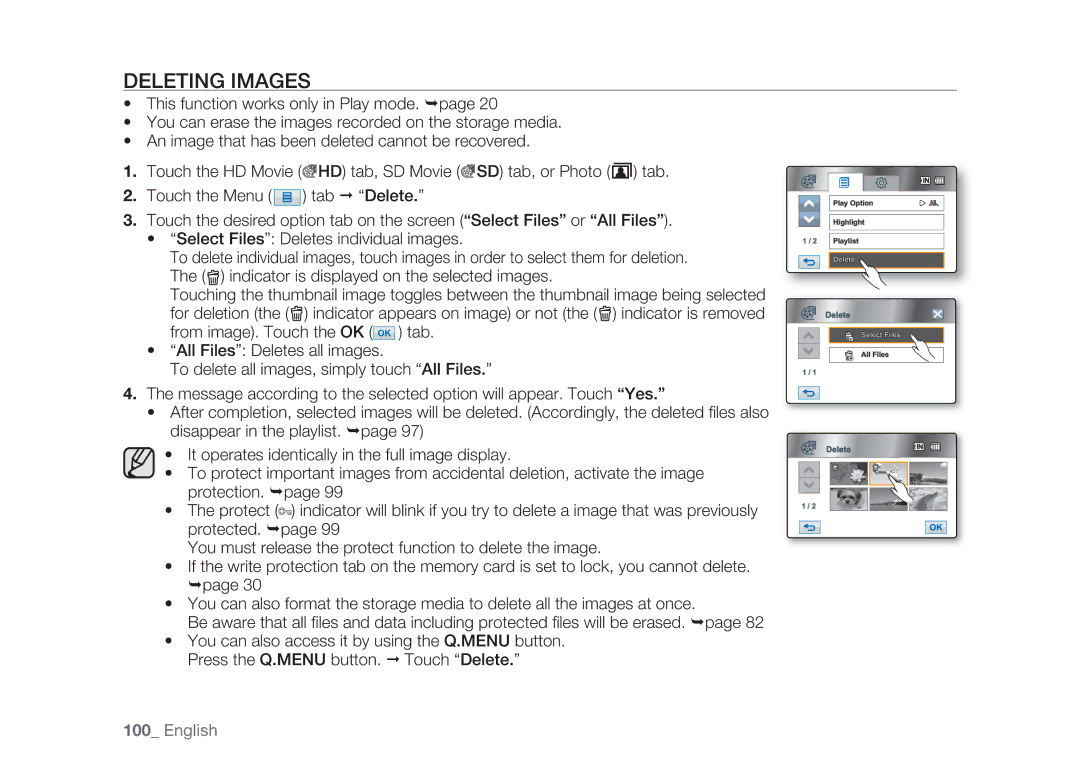 Samsung HMX-H100P/EDC, HMX-H105BP/EDC, HMX-H106SP/EDC, HMX-H1052P/EDC, HMX-H104BP/EDC, HMX-H1000P/EDC manual Deleting Images 