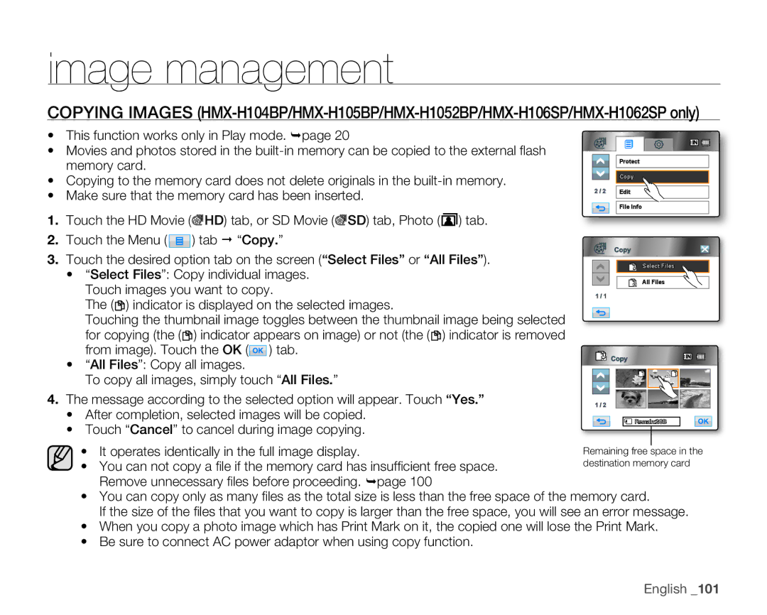 Samsung HMX-H1052P/EDC, HMX-H105BP/EDC, HMX-H106SP/EDC, HMX-H100P/EDC, HMX-H104BP/EDC, HMX-H1000P/EDC manual Image management 