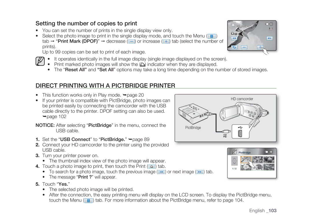 Samsung HMX-H1000P/EDC, HMX-H105BP/EDC Setting the number of copies to print, Direct Printing with a Pictbridge Printer 