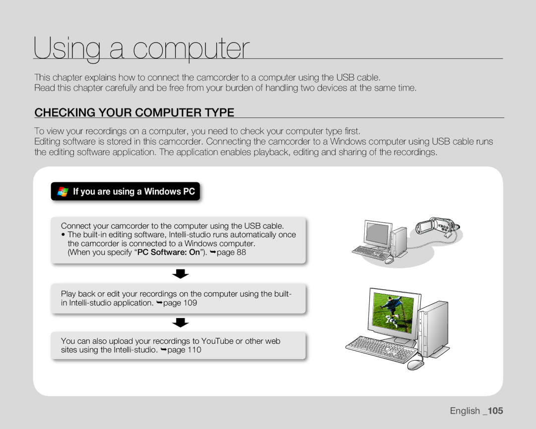 Samsung HMX-H100P/MEA, HMX-H105BP/EDC, HMX-H106SP/EDC, HMX-H100P/EDC, HMX-H1052P/EDC, HMX-H104BP/EDC manual Using a computer 