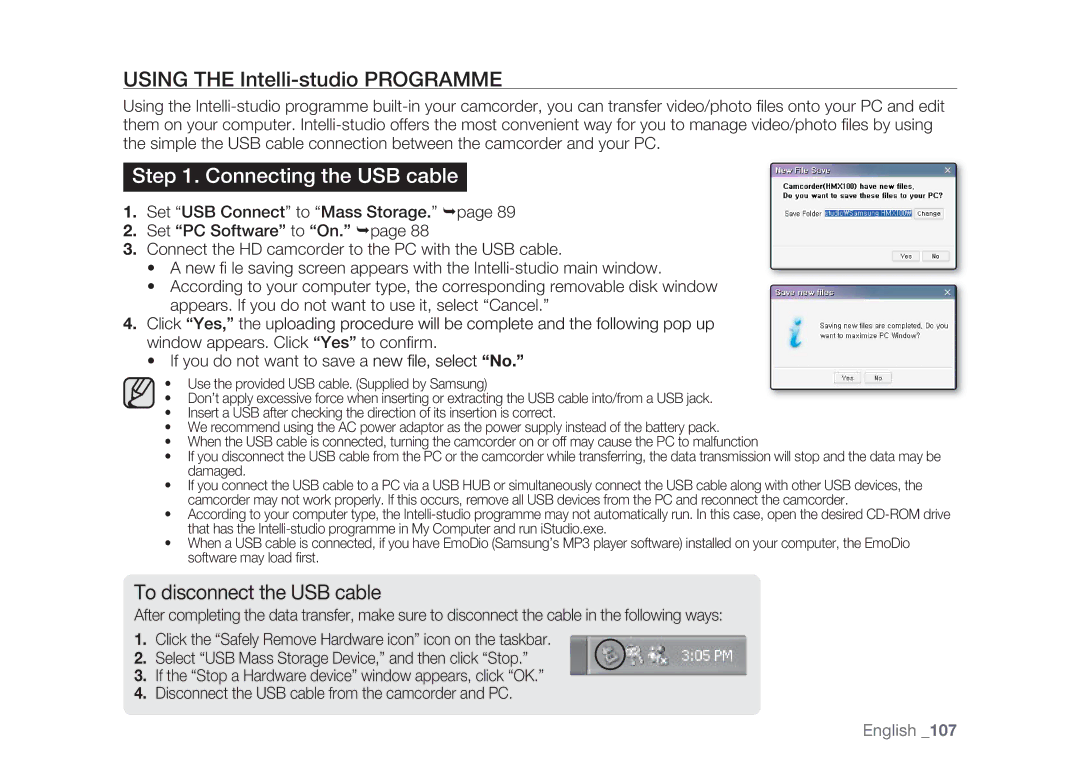 Samsung HMX-H104BP/MEA, HMX-H105BP/EDC, HMX-H106SP/EDC manual Using the Intelli-studio Programme, Connecting the USB cable 