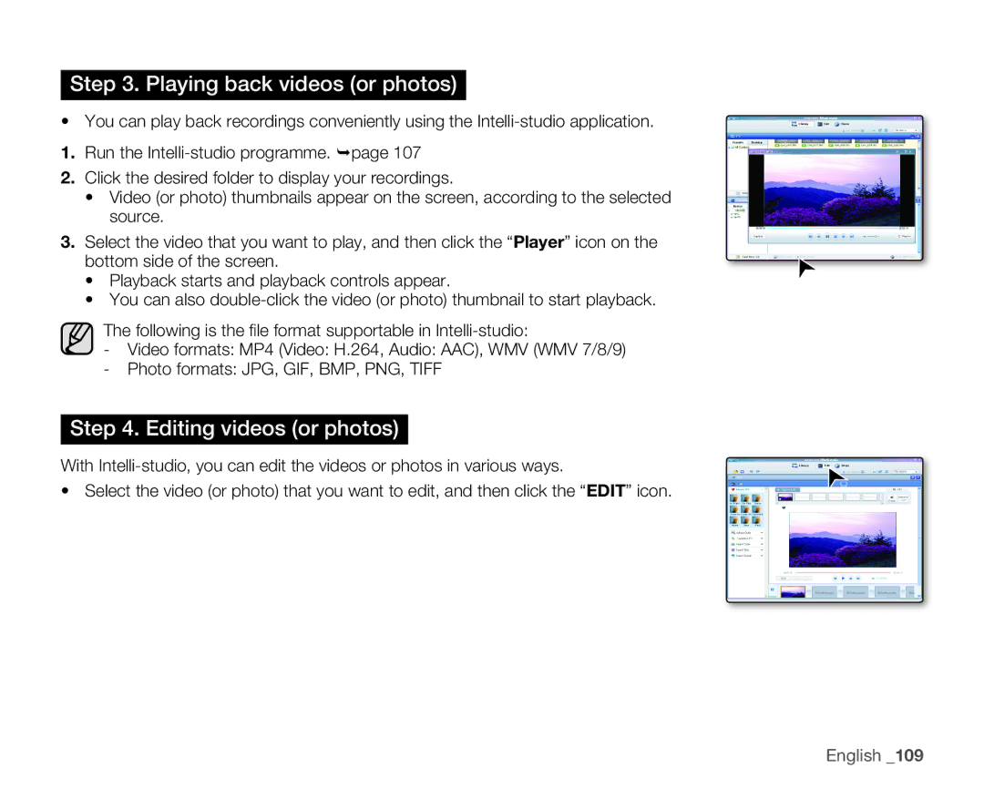 Samsung HMX-H105BP/MEA, HMX-H105BP/EDC, HMX-H106SP/EDC, HMX-H100P/EDC, HMX-H1052P/EDC manual Playing back videos or photos 