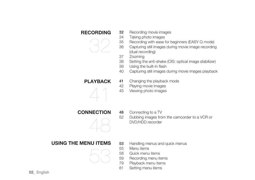 Samsung HMX-H106SP/HAC Recording movie images, Taking photo images, Recording with ease for beginners Easy Q mode, Zooming 