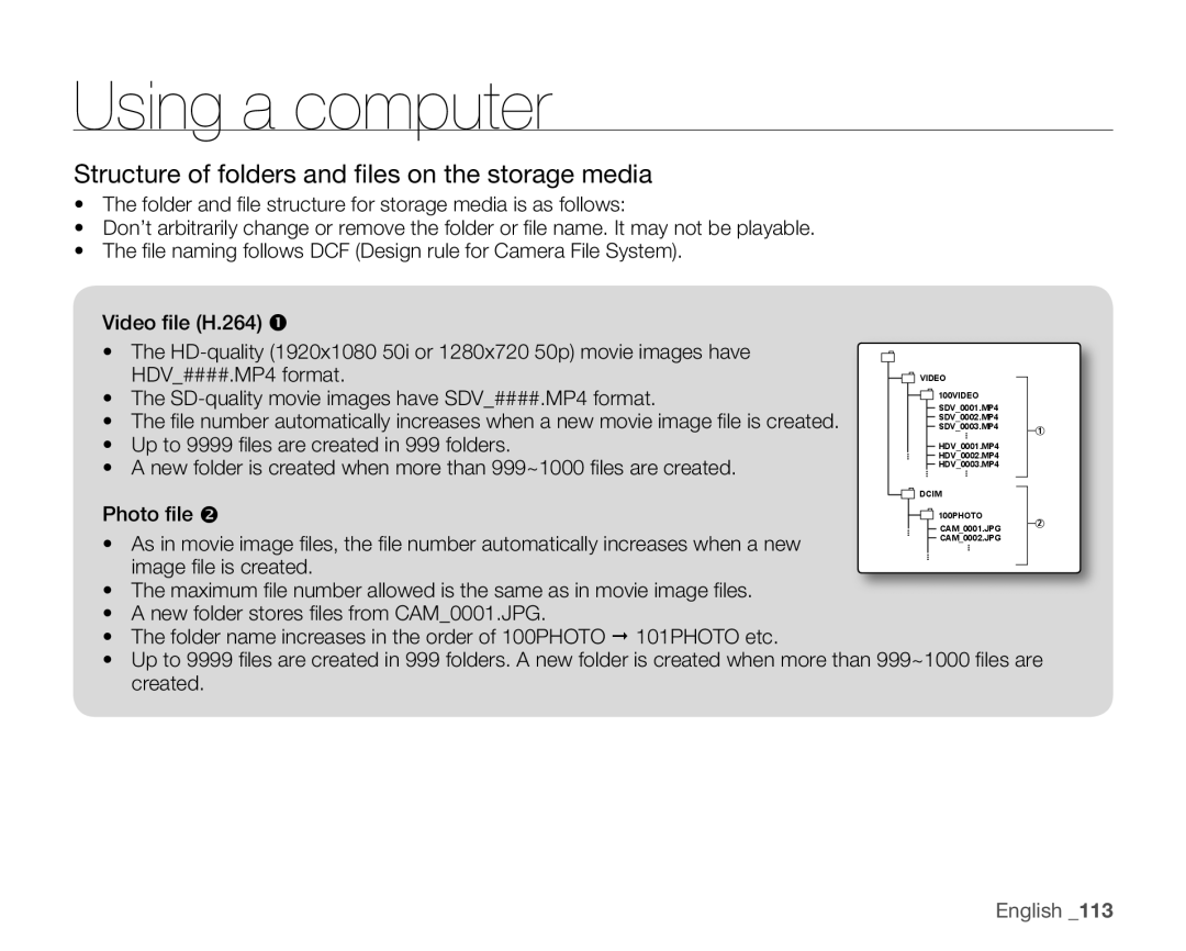 Samsung HMX-H104BP/XEB, HMX-H105BP/EDC, HMX-H106SP/EDC, HMX-H100P/EDC Structure of folders and ﬁles on the storage media 