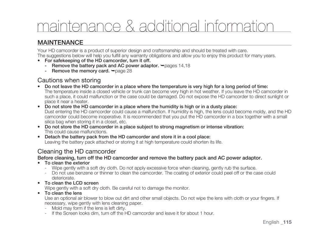 Samsung HMX-H105BP/XER, HMX-H105BP/EDC, HMX-H106SP/EDC manual Maintenance & additional information, Cleaning the HD camcorder 