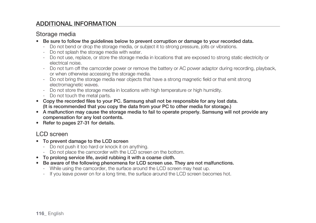 Samsung HMX-H100P/XEK, HMX-H105BP/EDC, HMX-H106SP/EDC, HMX-H100P/EDC manual Additional Information, Storage media, LCD screen 