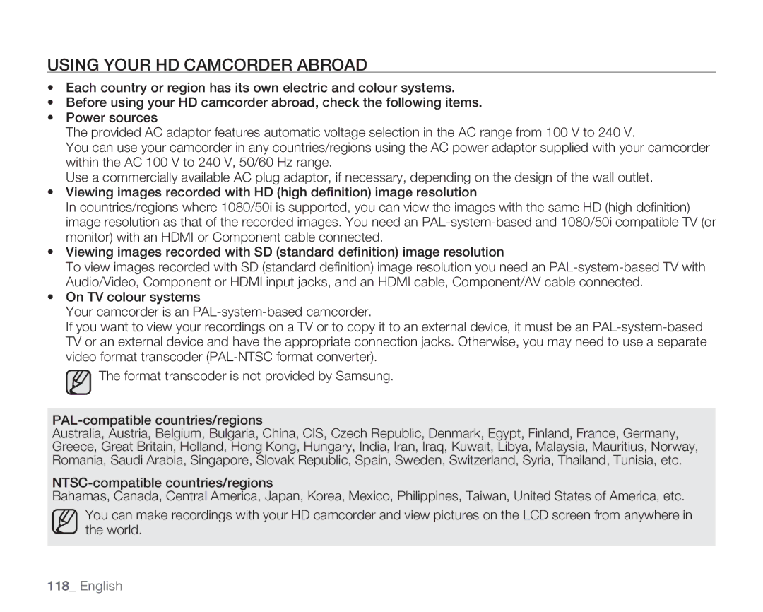 Samsung HMX-H106SP/XER, HMX-H105BP/EDC, HMX-H106SP/EDC, HMX-H100P/EDC, HMX-H1052P/EDC manual Using Your HD Camcorder Abroad 